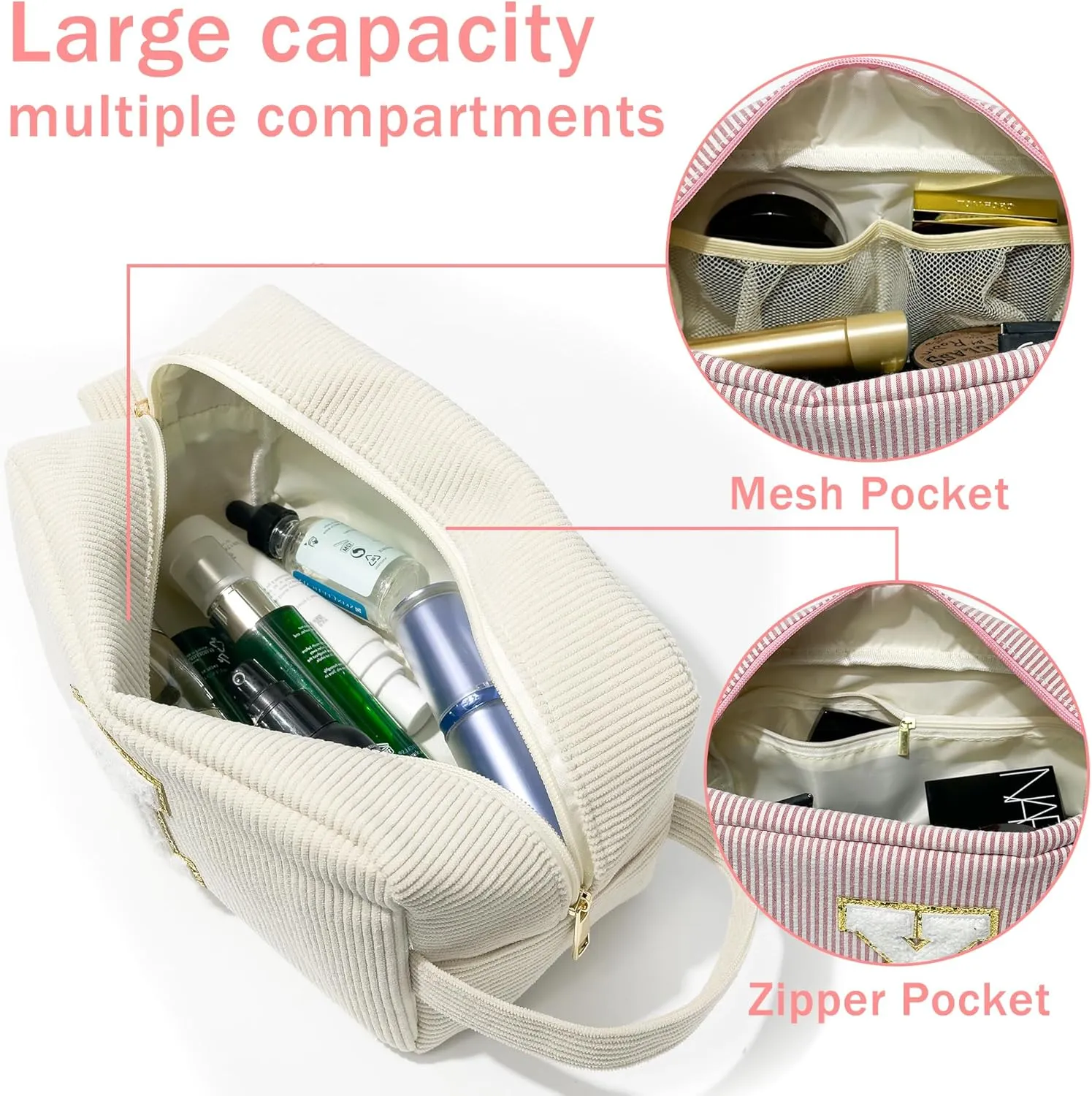 Veki Preppy Makeup Bag for Women, Personalized Initial Letter Cosmetic Bags with Zipper, Chenille Small Toiletry Patch Pouch, Cute Make up Bag Organizer for Teen Girls Birthday Gifts Teacher (Beige,D)