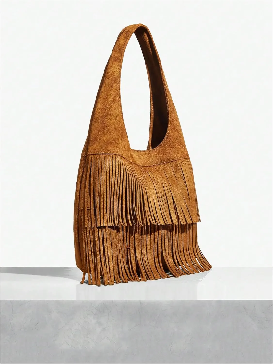 Verdusa Women's Suede Leather Tassel Shoulder Handbags Boho Top Handle Underarm Clutch Bag