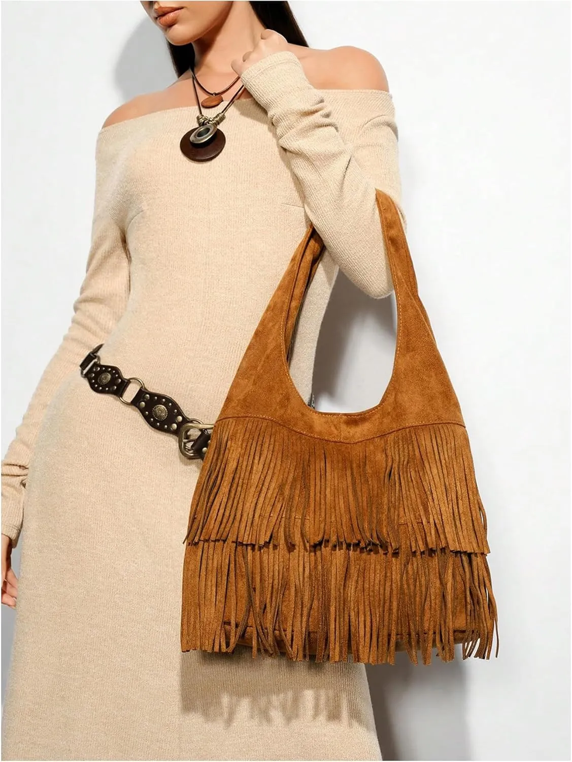 Verdusa Women's Suede Leather Tassel Shoulder Handbags Boho Top Handle Underarm Clutch Bag