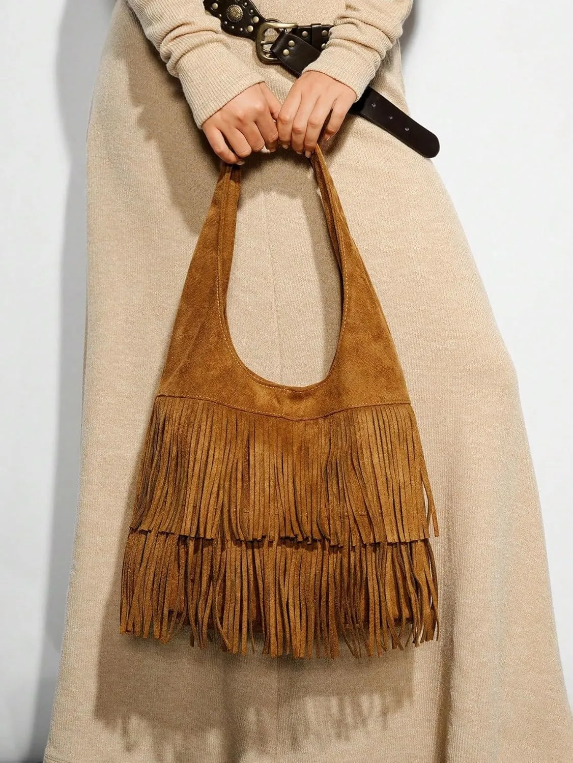 Verdusa Women's Suede Leather Tassel Shoulder Handbags Boho Top Handle Underarm Clutch Bag