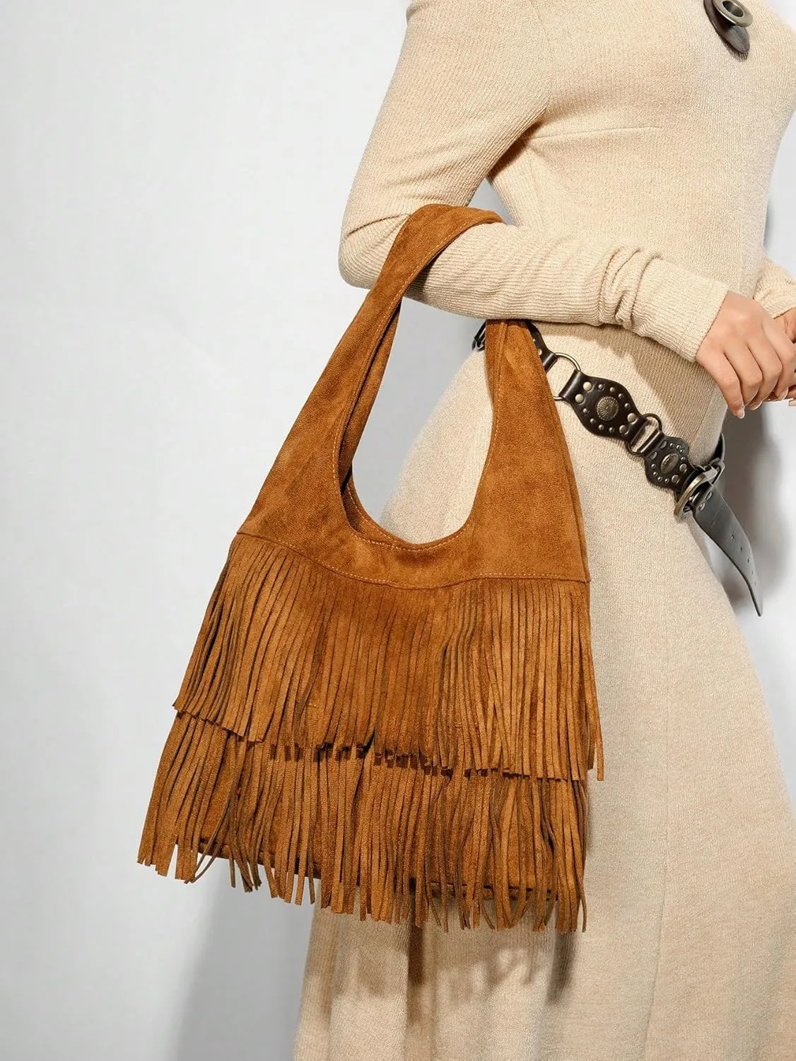 Verdusa Women's Suede Leather Tassel Shoulder Handbags Boho Top Handle Underarm Clutch Bag