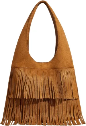 Verdusa Women's Suede Leather Tassel Shoulder Handbags Boho Top Handle Underarm Clutch Bag