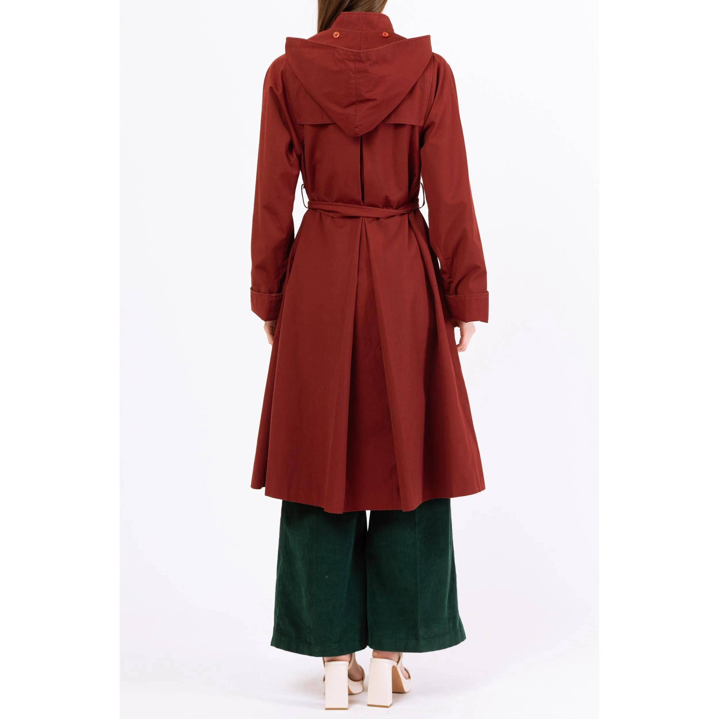 Vintage 70s Rust Red Hooded & Belted Trench Coat - Medium