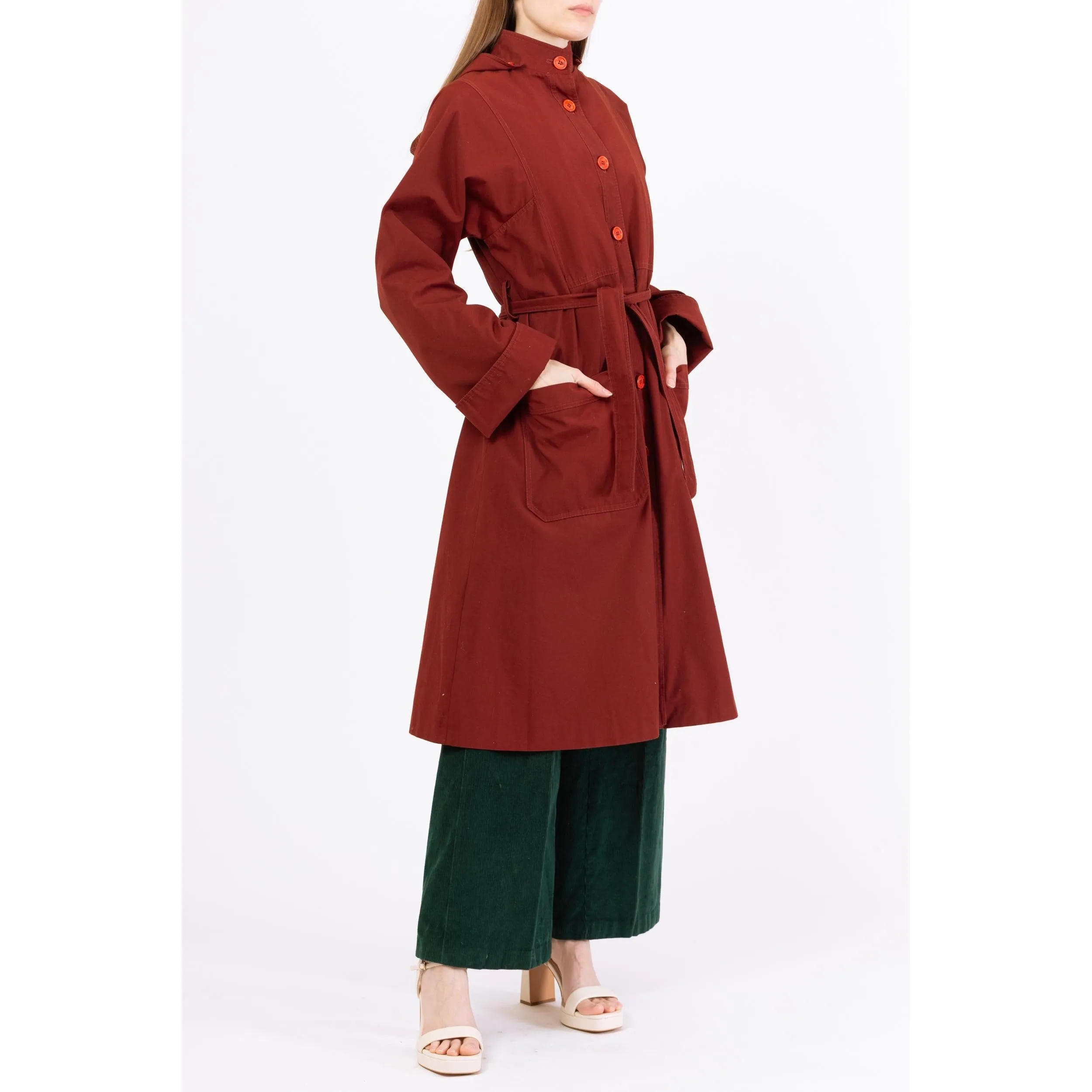 Vintage 70s Rust Red Hooded & Belted Trench Coat - Medium