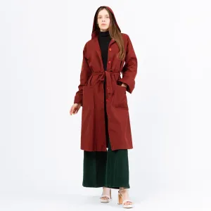 Vintage 70s Rust Red Hooded & Belted Trench Coat - Medium