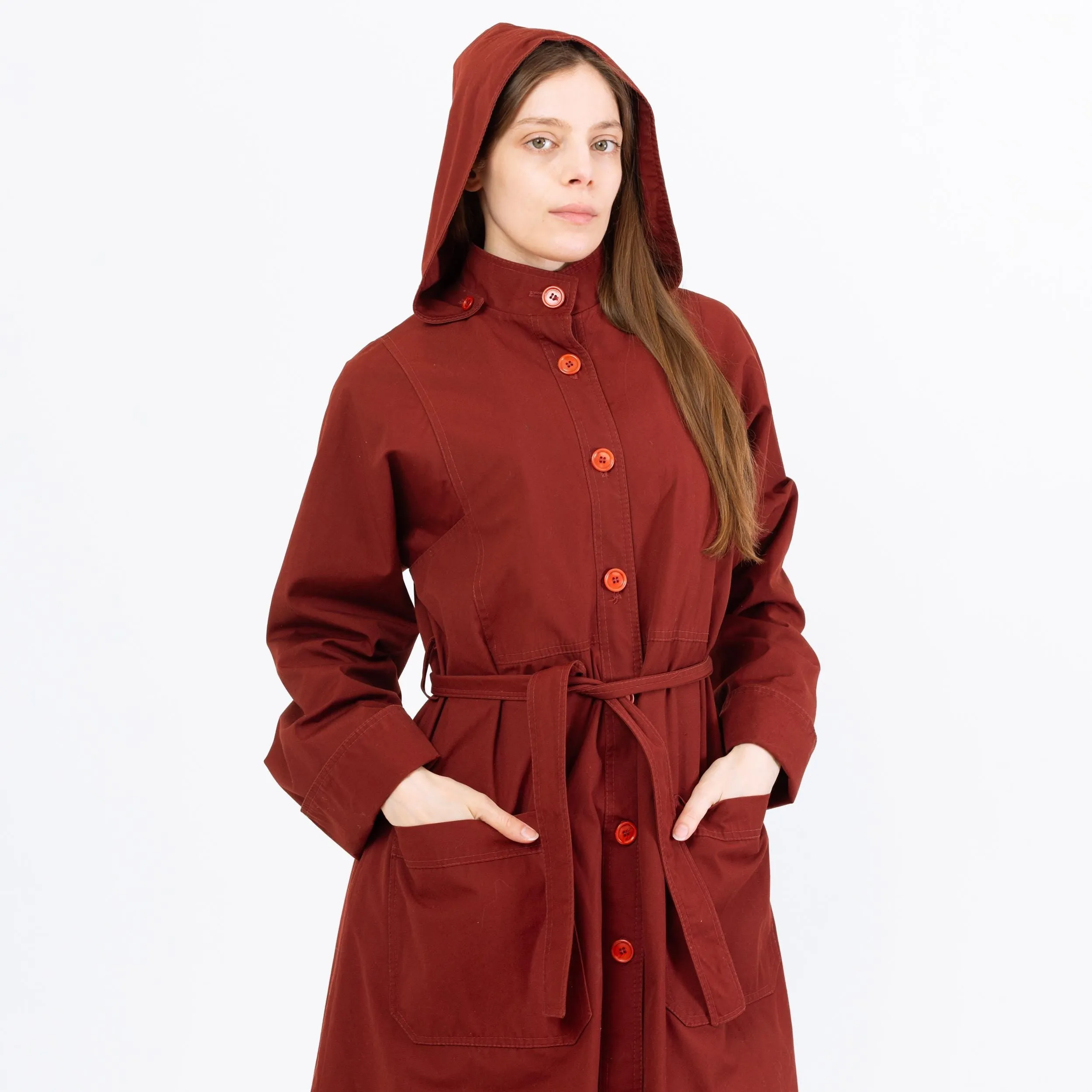 Vintage 70s Rust Red Hooded & Belted Trench Coat - Medium