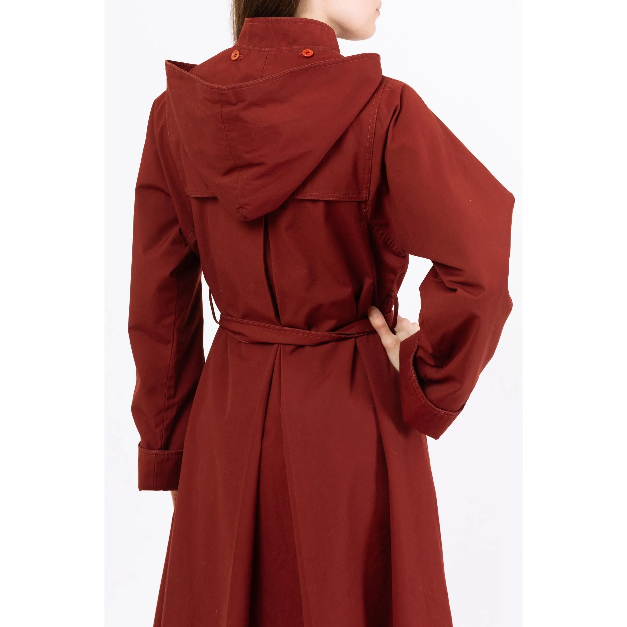 Vintage 70s Rust Red Hooded & Belted Trench Coat - Medium