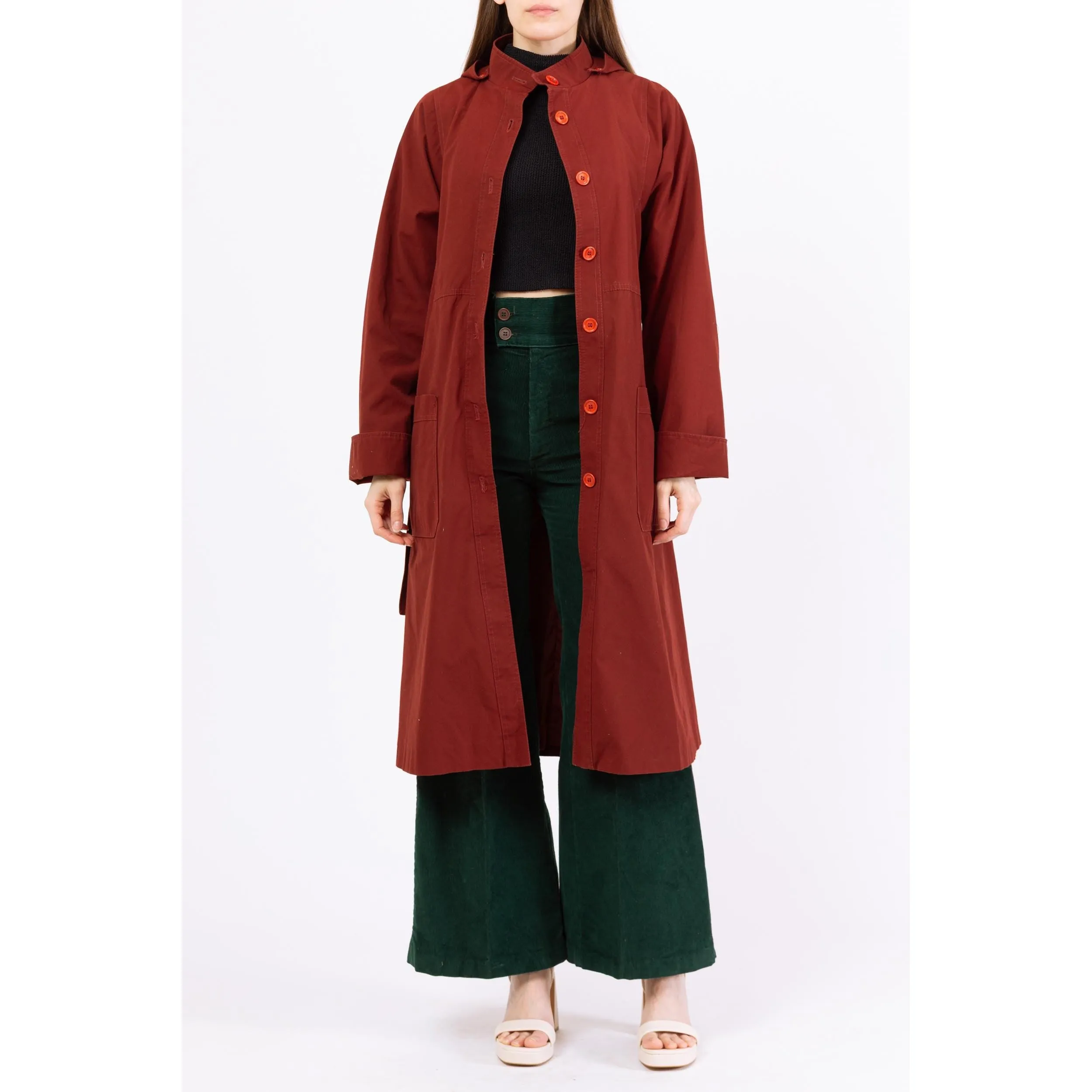 Vintage 70s Rust Red Hooded & Belted Trench Coat - Medium