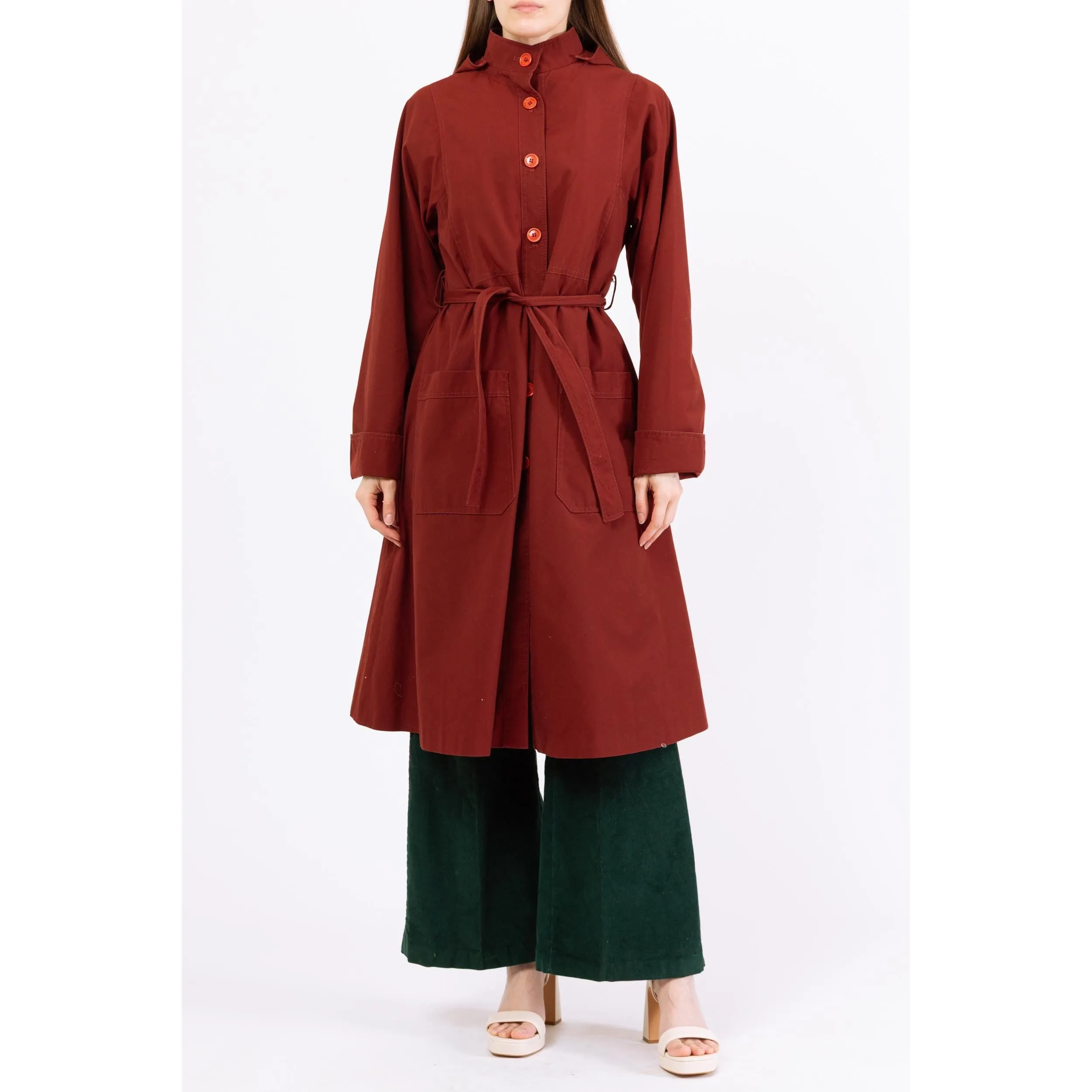 Vintage 70s Rust Red Hooded & Belted Trench Coat - Medium