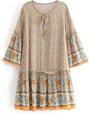 Vintage Women Tie Neck Ruffles Floral Print Bohemian Cotton Mini Dress