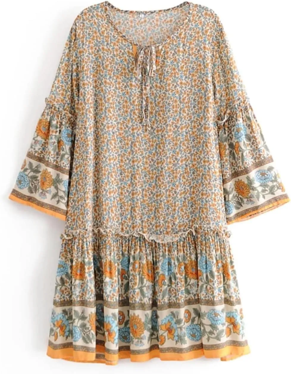 Vintage Women Tie Neck Ruffles Floral Print Bohemian Cotton Mini Dress