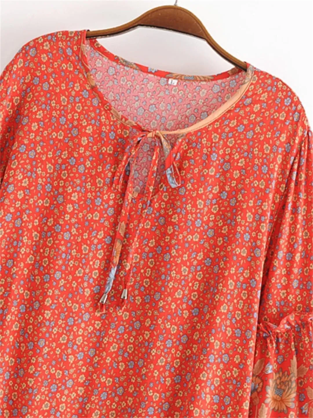 Vintage Women Tie Neck Ruffles Floral Print Bohemian Cotton Mini Dress