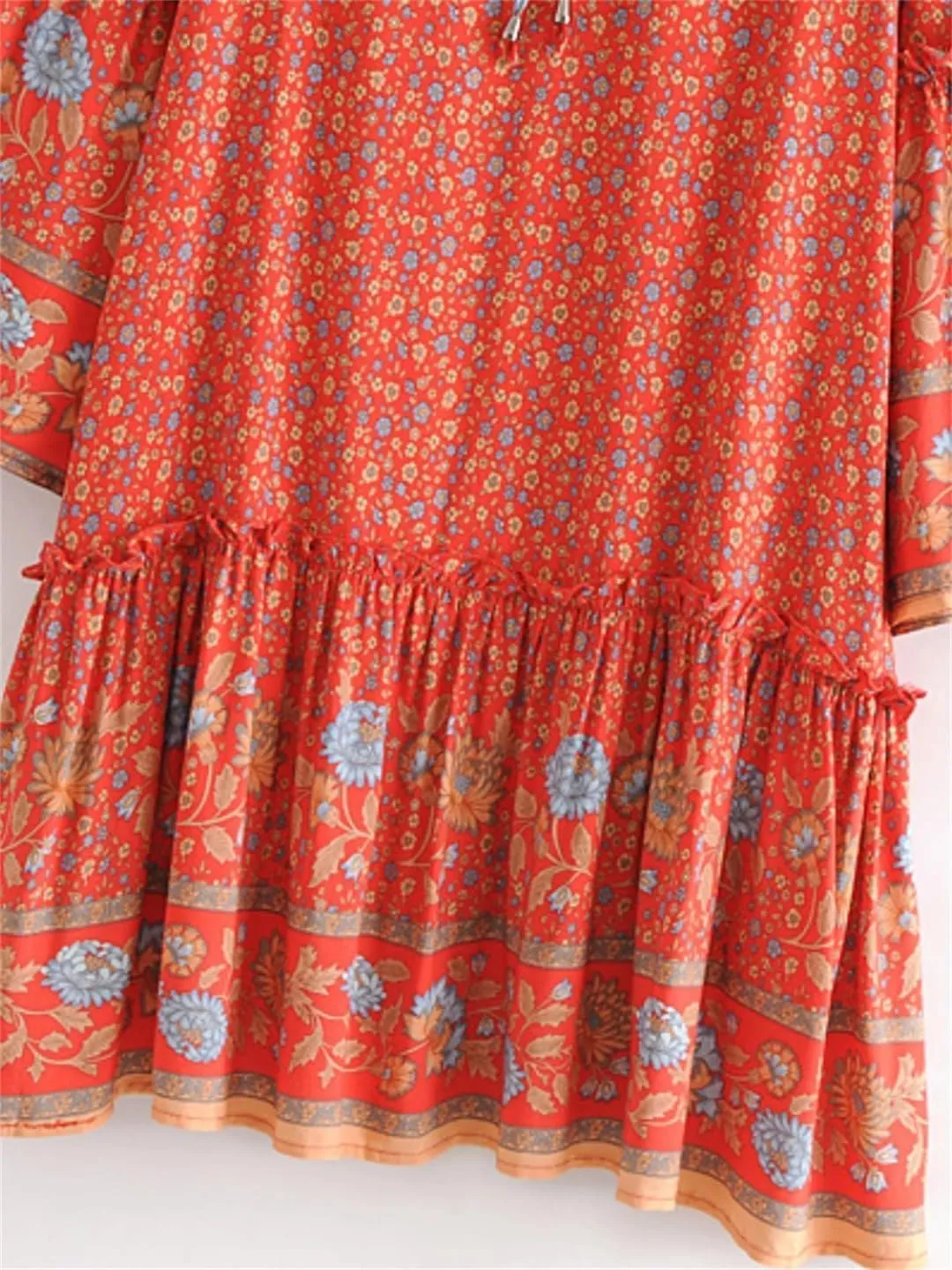 Vintage Women Tie Neck Ruffles Floral Print Bohemian Cotton Mini Dress