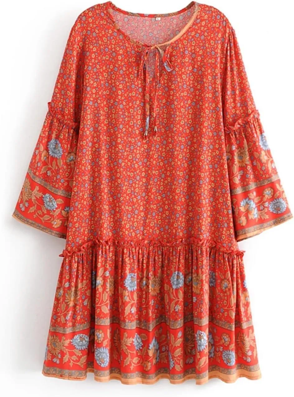 Vintage Women Tie Neck Ruffles Floral Print Bohemian Cotton Mini Dress