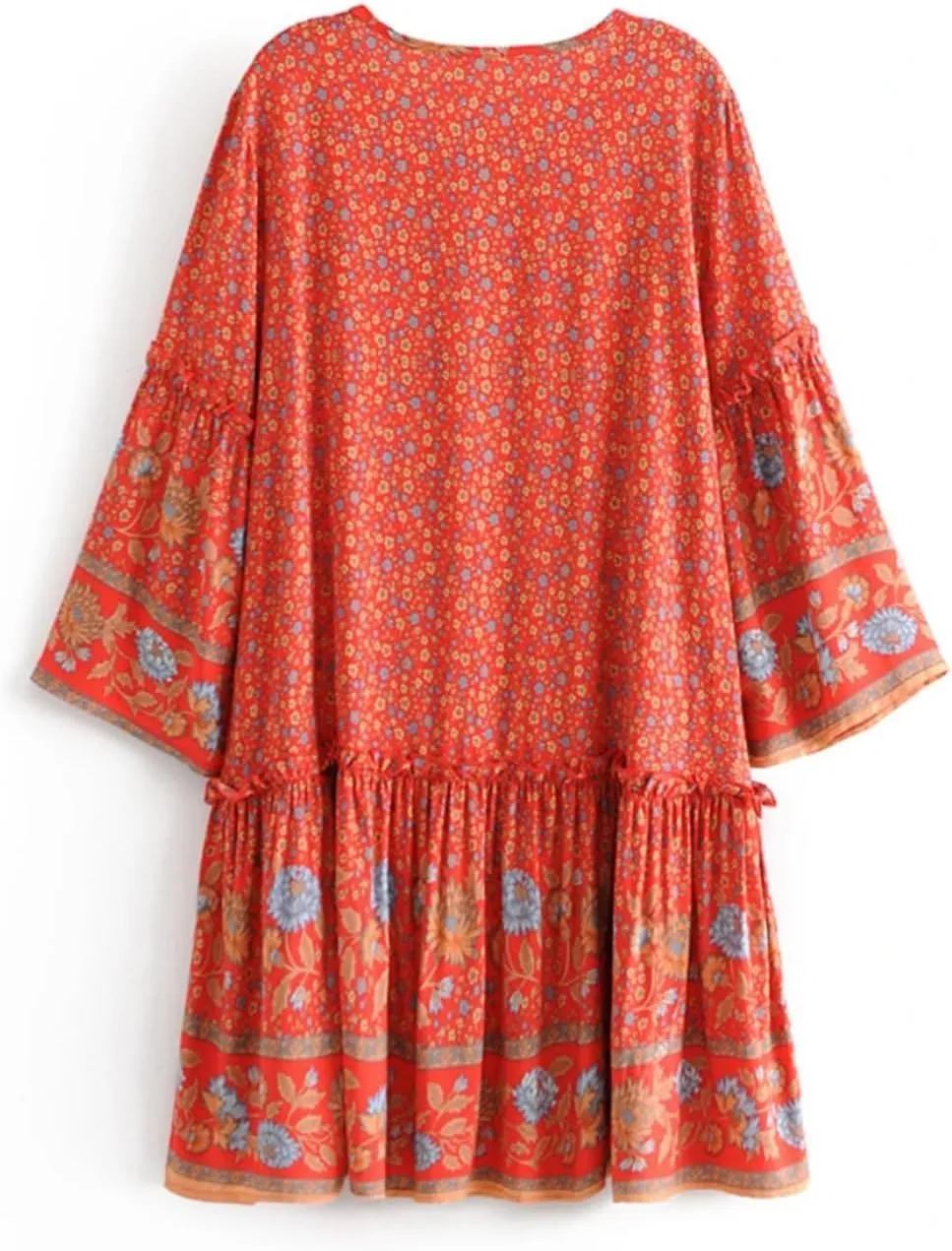 Vintage Women Tie Neck Ruffles Floral Print Bohemian Cotton Mini Dress