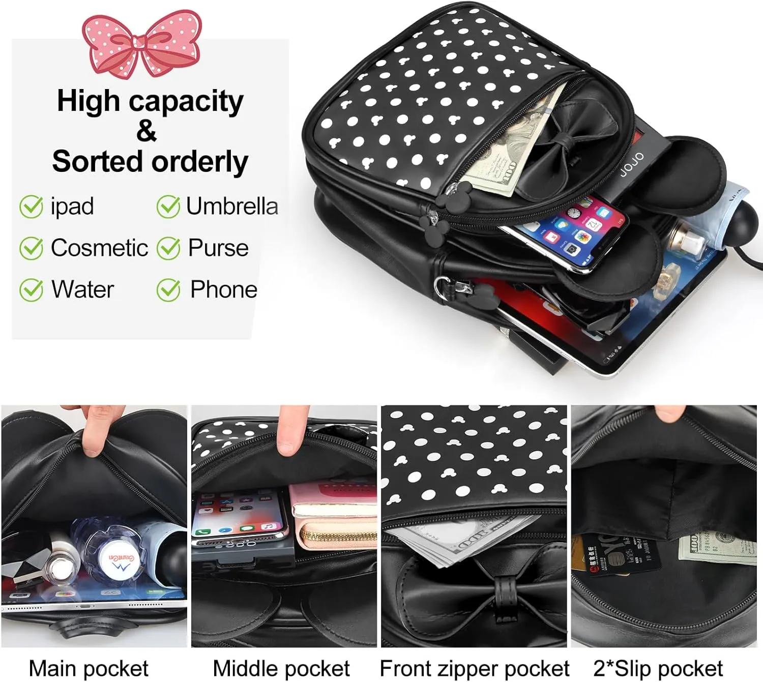 Voikukka Black Mini Backpacks for Girls Small Backpack Purse Leather Cute Kids Travel Toys Gift Mouse Backpack for Little Girls Childrens Crossbody Bag Toddler Girl Backpacks