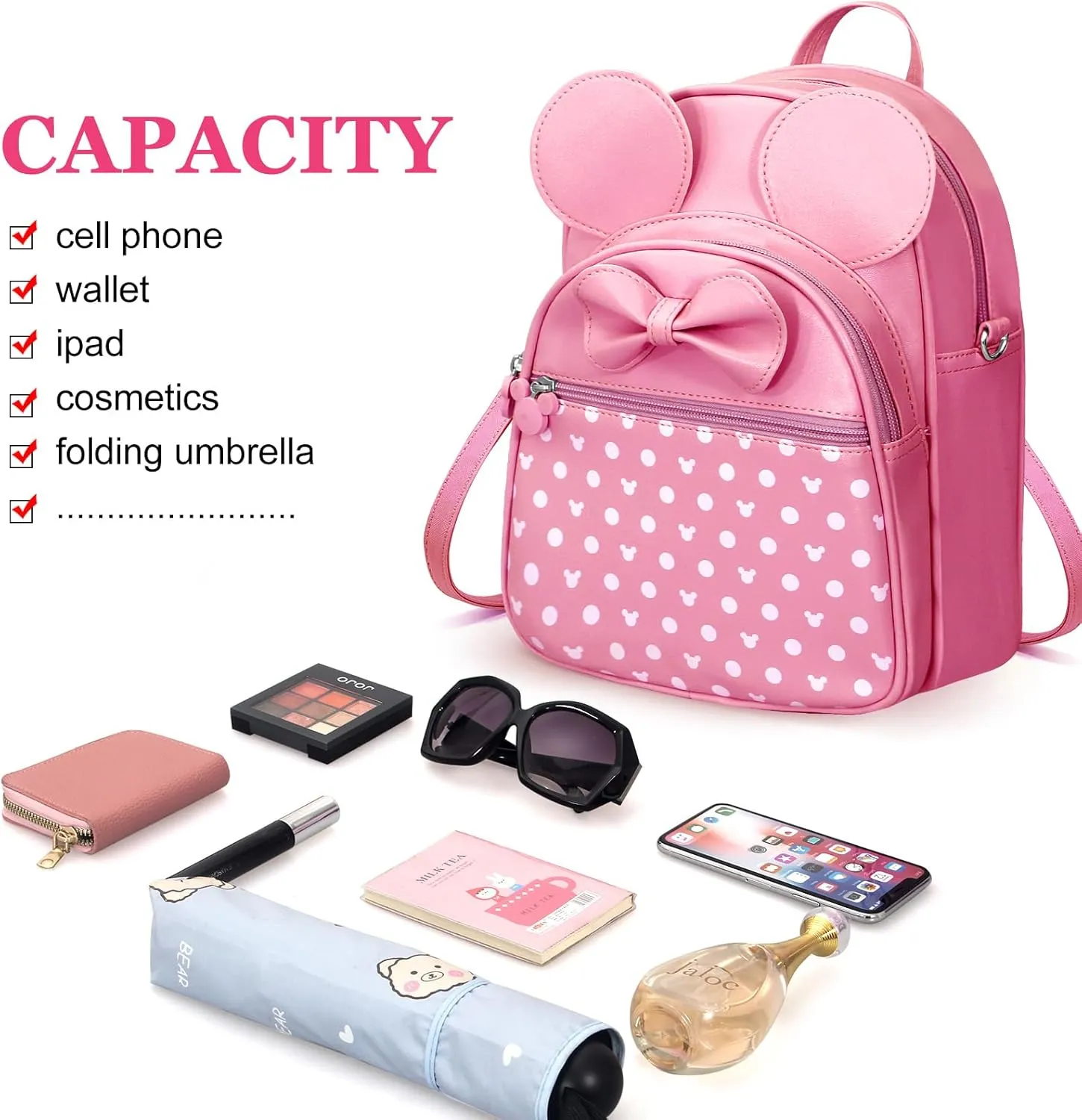 Voikukka Cute Girls Mini Mouse Backpacks for Kids Backpack Purse Pink Toddler Backpacks Small Travel Kid Daypack Women Convertible Shoulder Bag Bowknot Little Girls Children Preschool Backpack