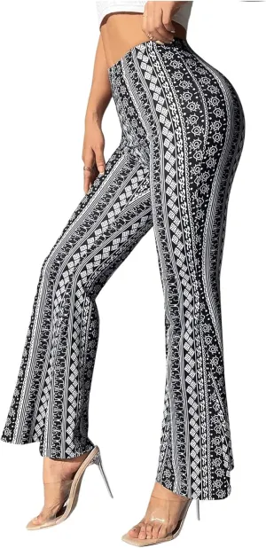 WDIRARA Women's Graphic Print High Waist Flared Long Pants Summer Casual Boho Trousers