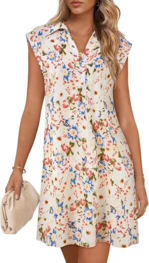 Wenrine Womens Summer Dresses Floral Casual Collared V Neck Short Sleeve Loose Boho T Shirt Dresses with Pockets