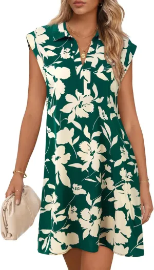 Wenrine Womens Summer Dresses Floral Casual Collared V Neck Short Sleeve Loose Boho T Shirt Dresses with Pockets