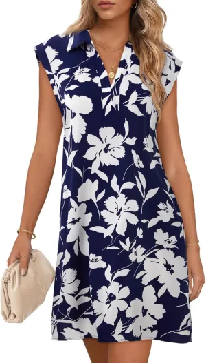 Wenrine Womens Summer Dresses Floral Casual Collared V Neck Short Sleeve Loose Boho T Shirt Dresses with Pockets
