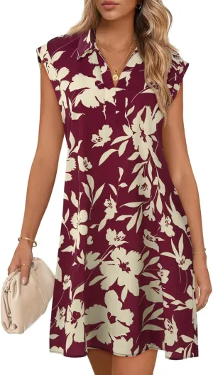 Wenrine Womens Summer Dresses Floral Casual Collared V Neck Short Sleeve Loose Boho T Shirt Dresses with Pockets