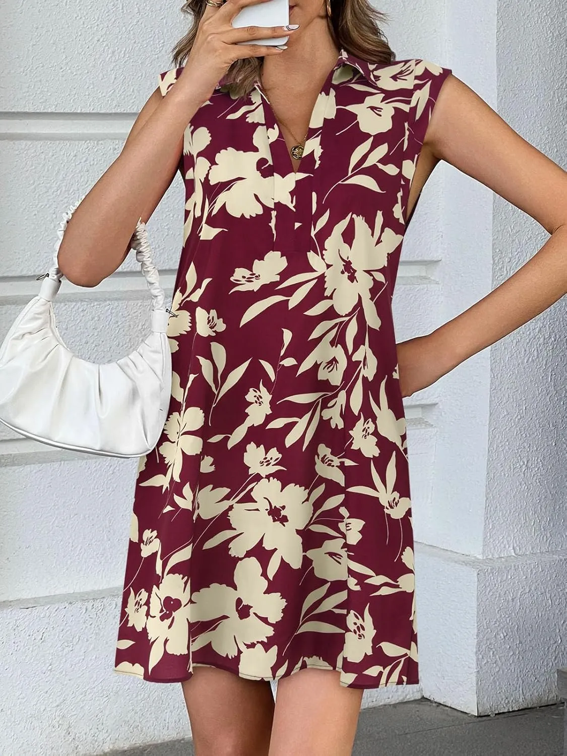 Wenrine Womens Summer Dresses Floral Casual Collared V Neck Short Sleeve Loose Boho T Shirt Dresses with Pockets
