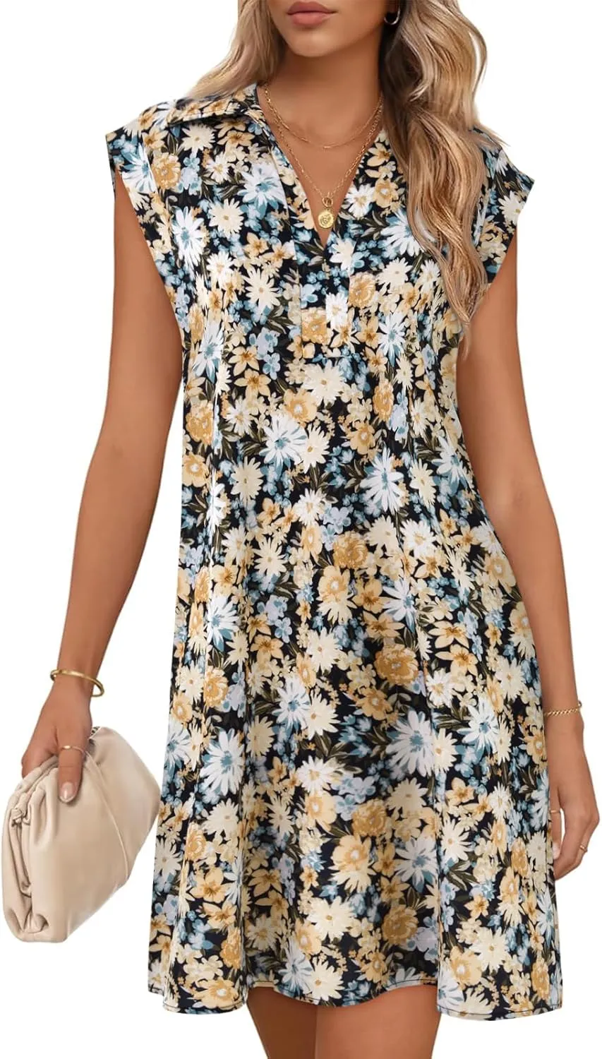 Wenrine Womens Summer Dresses Floral Casual Collared V Neck Short Sleeve Loose Boho T Shirt Dresses with Pockets