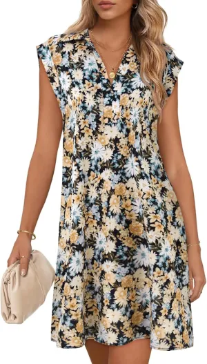 Wenrine Womens Summer Dresses Floral Casual Collared V Neck Short Sleeve Loose Boho T Shirt Dresses with Pockets
