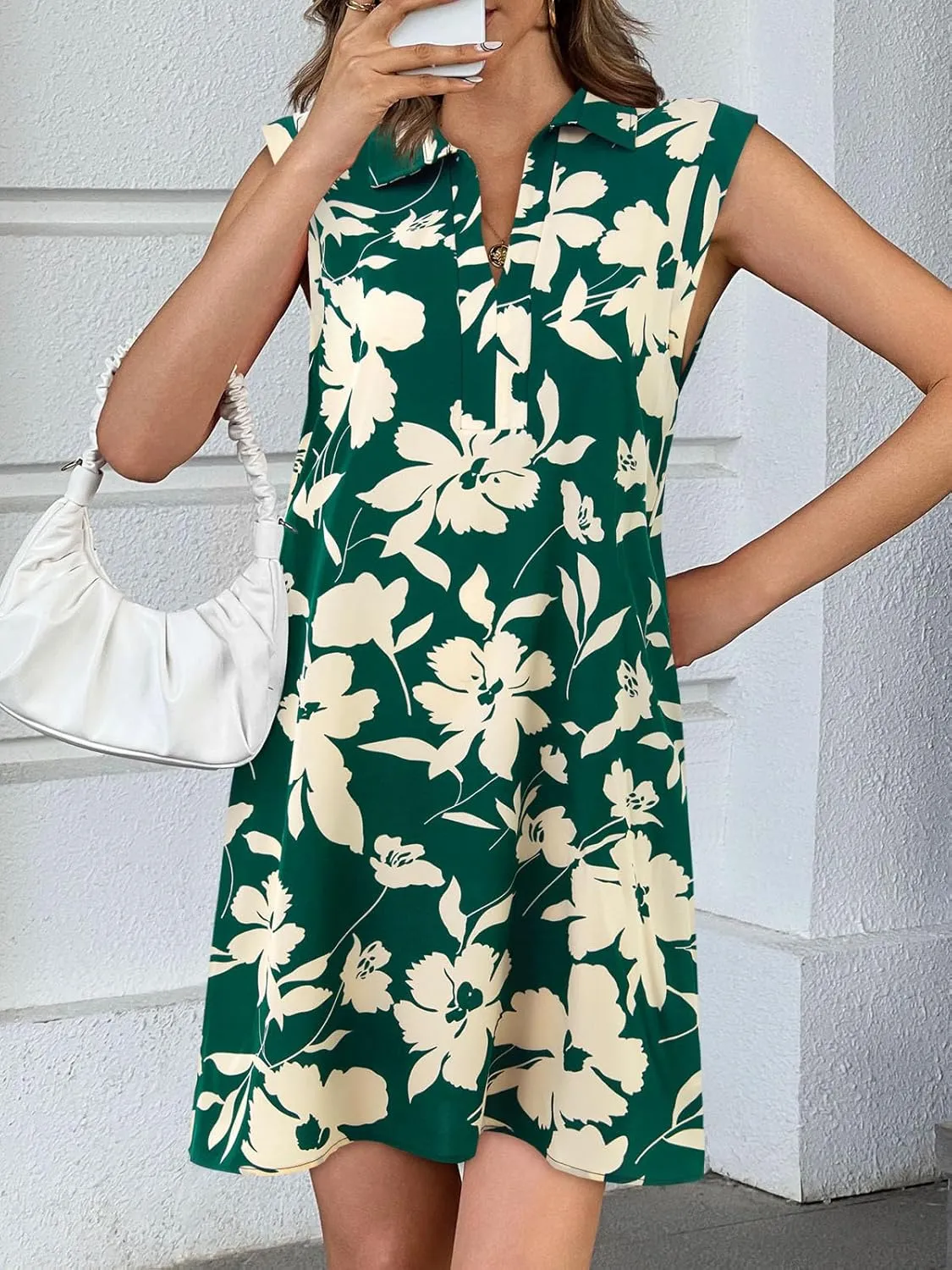 Wenrine Womens Summer Dresses Floral Casual Collared V Neck Short Sleeve Loose Boho T Shirt Dresses with Pockets