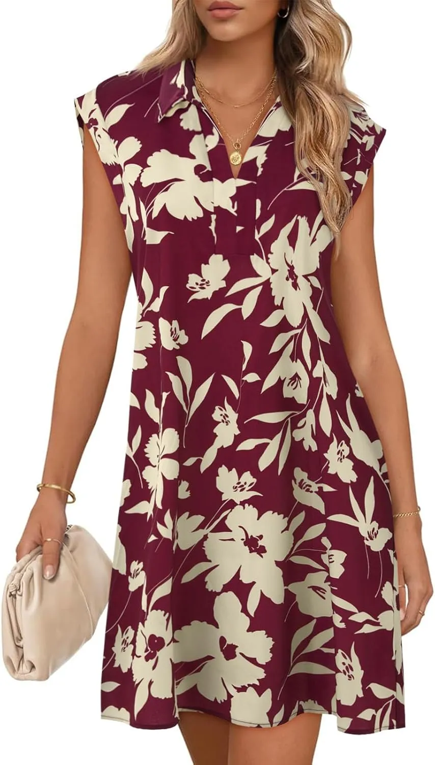 Wenrine Womens Summer Dresses Floral Casual Collared V Neck Short Sleeve Loose Boho T Shirt Dresses with Pockets