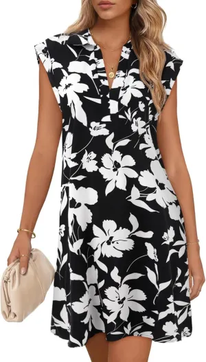 Wenrine Womens Summer Dresses Floral Casual Collared V Neck Short Sleeve Loose Boho T Shirt Dresses with Pockets