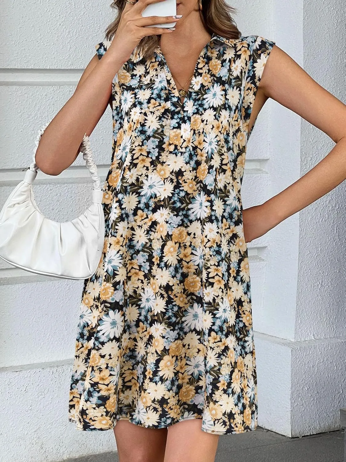 Wenrine Womens Summer Dresses Floral Casual Collared V Neck Short Sleeve Loose Boho T Shirt Dresses with Pockets