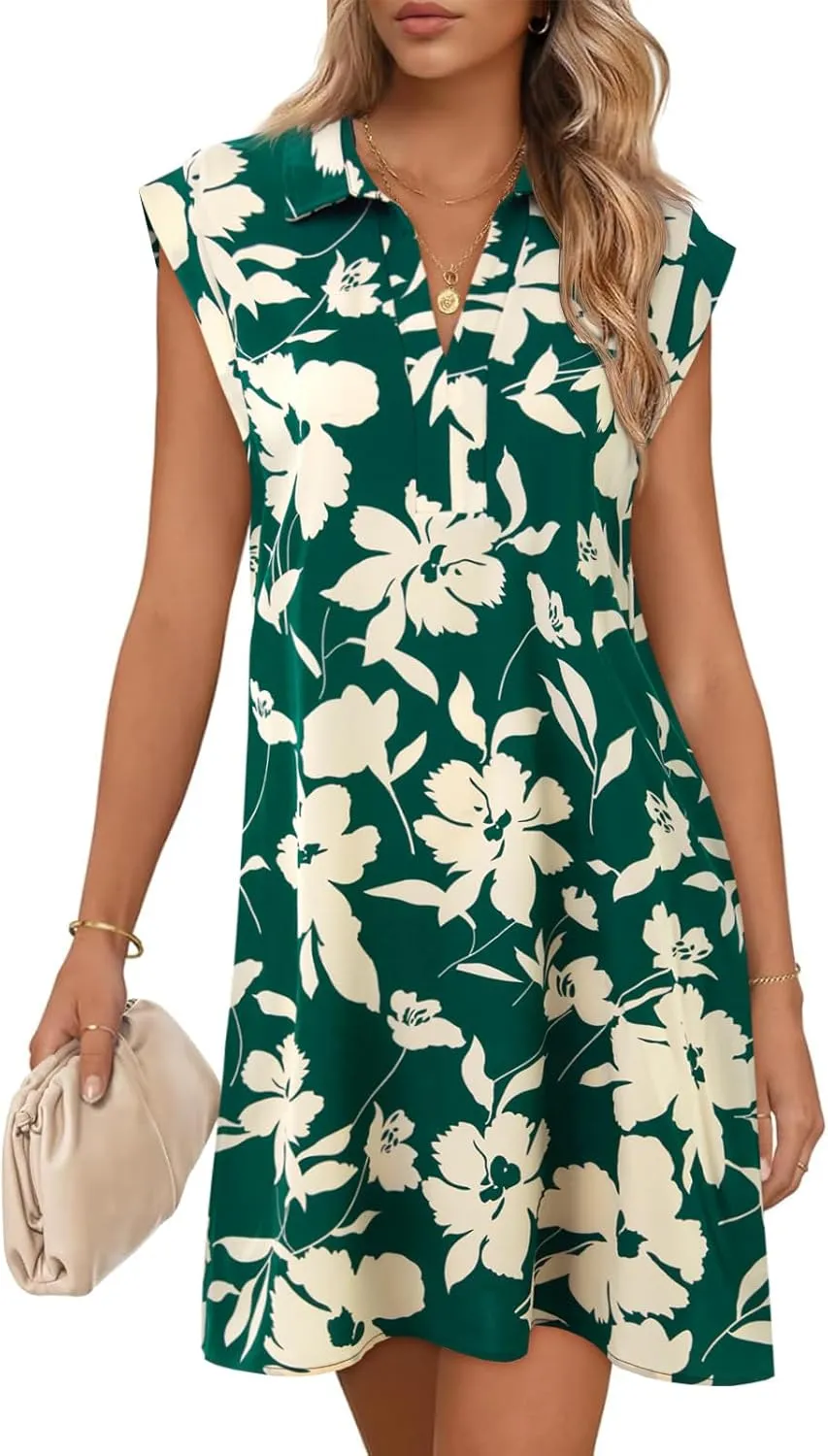 Wenrine Womens Summer Dresses Floral Casual Collared V Neck Short Sleeve Loose Boho T Shirt Dresses with Pockets