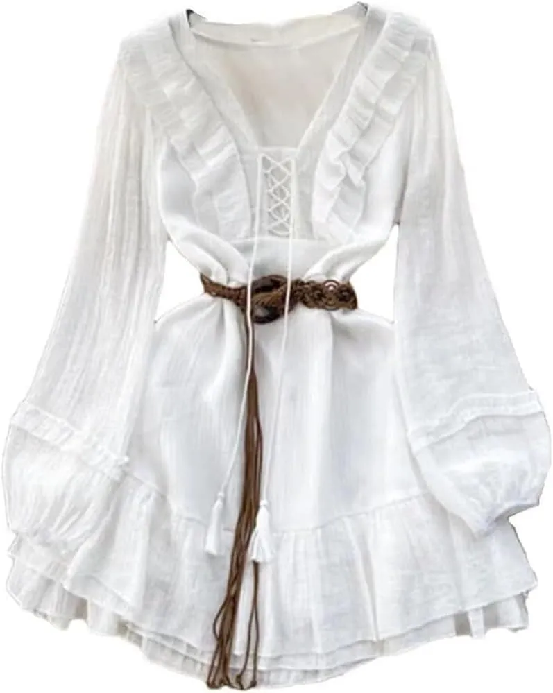 White Bohemian Dress Women Long Sleeve Short Ruffle Hem Drawstring U-Neck Belted Tassel Casual Mini Dress(Medium Short)
