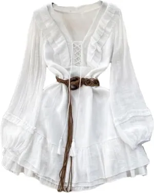 White Bohemian Dress Women Long Sleeve Short Ruffle Hem Drawstring U-Neck Belted Tassel Casual Mini Dress(X-Small Short)