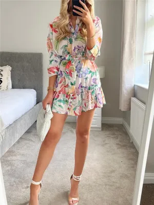 Woman Sweet Pink Floral Shirt Short Dress 2022 Spring Chic Female High Waisted Lacing Dresses Ladies Sashes Print Mini Dress