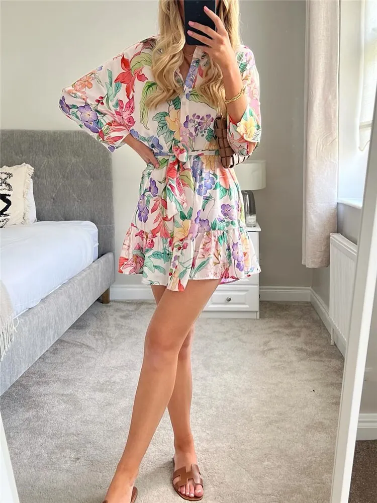 Woman Sweet Pink Floral Shirt Short Dress 2022 Spring Chic Female High Waisted Lacing Dresses Ladies Sashes Print Mini Dress