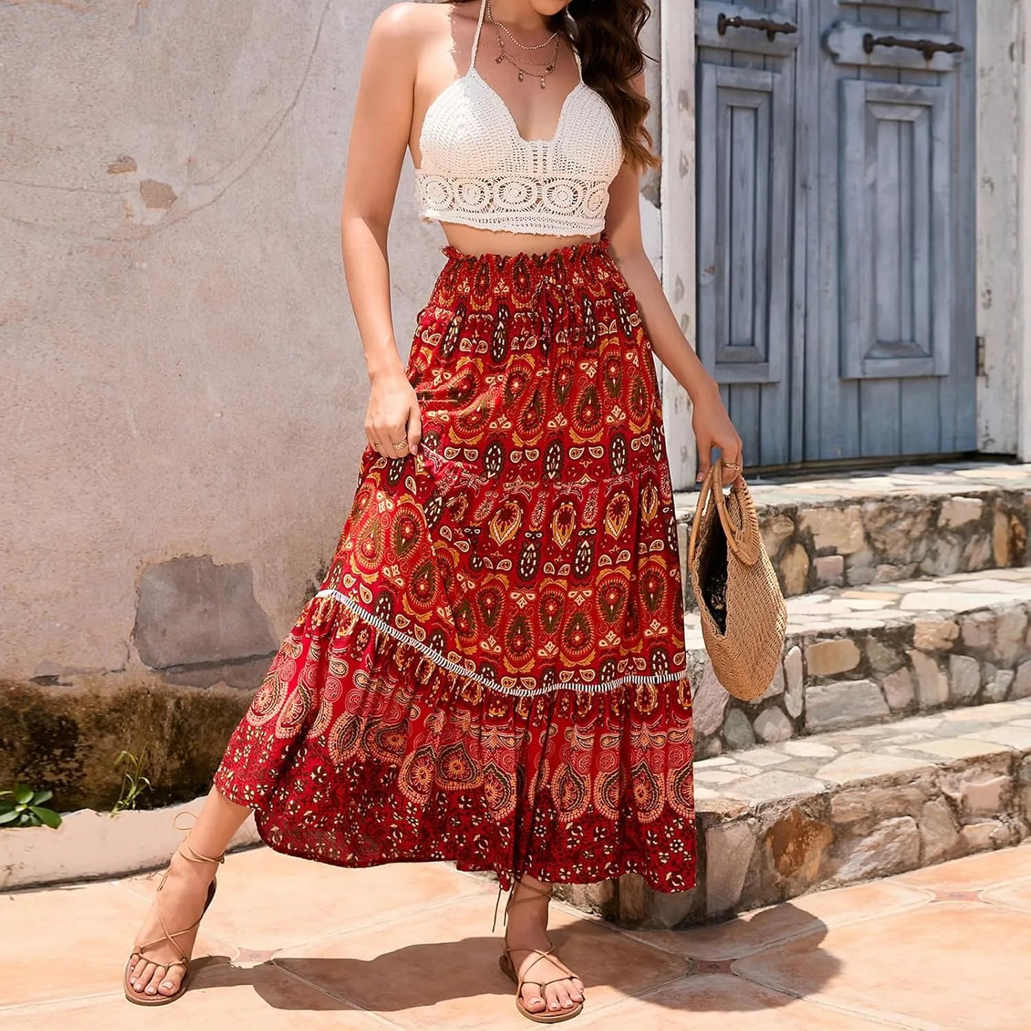 Women Boho Tropical Print Long Skirts Elastic High Waist Ruffle Pleated A Line 2024 Bohemian Beach Midi Skirt