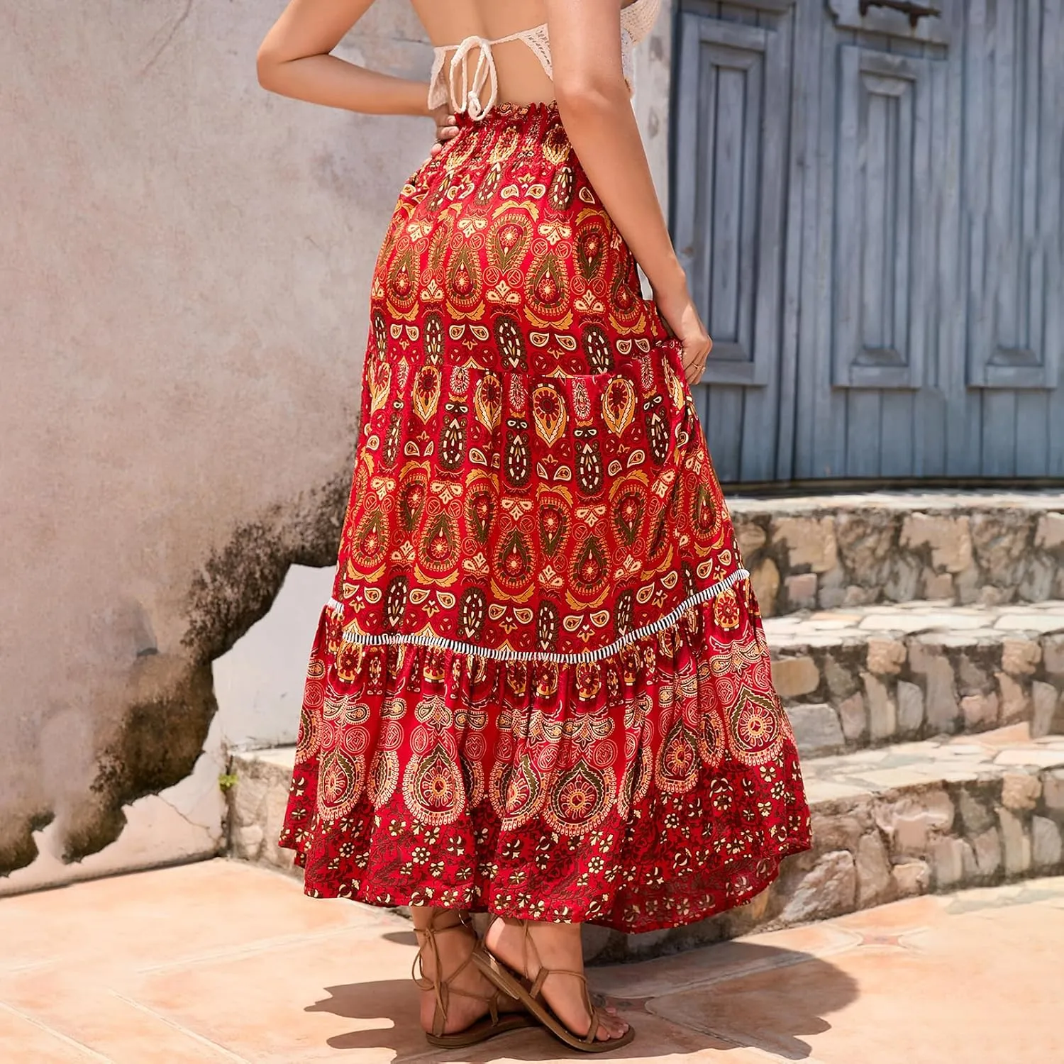 Women Boho Tropical Print Long Skirts Elastic High Waist Ruffle Pleated A Line 2024 Bohemian Beach Midi Skirt