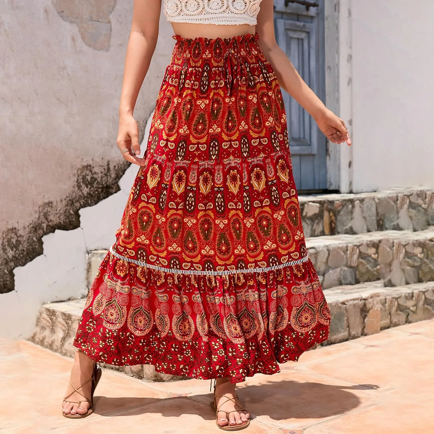 Women Boho Tropical Print Long Skirts Elastic High Waist Ruffle Pleated A Line 2024 Bohemian Beach Midi Skirt