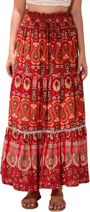 Women Boho Tropical Print Long Skirts Elastic High Waist Ruffle Pleated A Line 2024 Bohemian Beach Midi Skirt