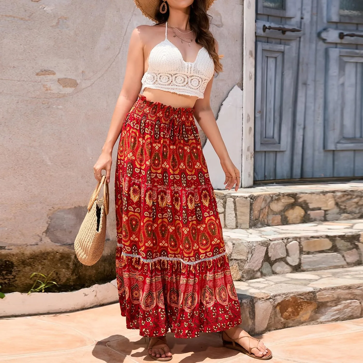 Women Boho Tropical Print Long Skirts Elastic High Waist Ruffle Pleated A Line 2024 Bohemian Beach Midi Skirt