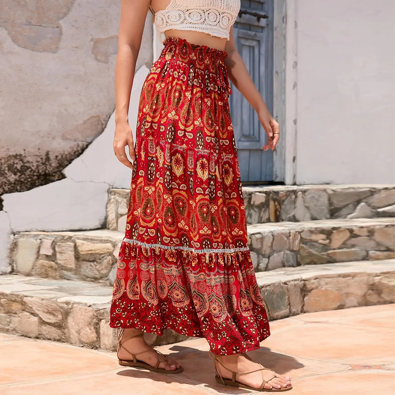 Women Boho Tropical Print Long Skirts Elastic High Waist Ruffle Pleated A Line 2024 Bohemian Beach Midi Skirt