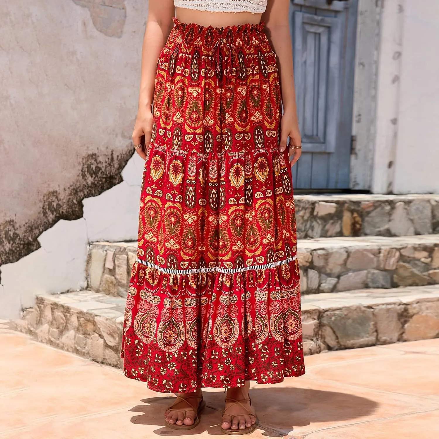 Women Boho Tropical Print Long Skirts Elastic High Waist Ruffle Pleated A Line 2024 Bohemian Beach Midi Skirt
