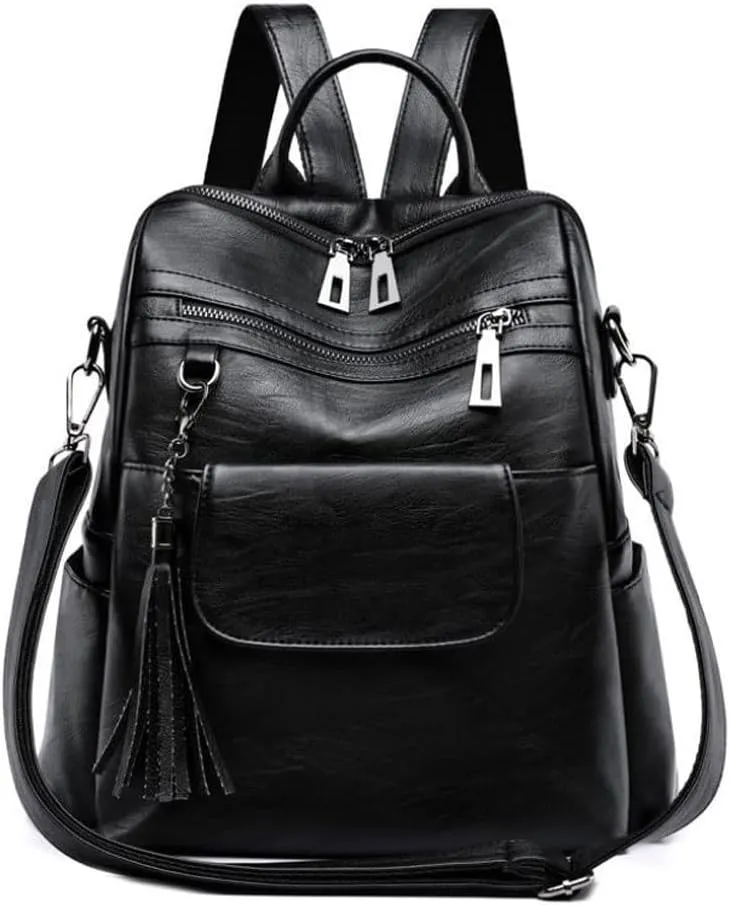 women Ladies PU Backpack Commuter Tassel Dual-use Travel Computer Backpacks (Black)