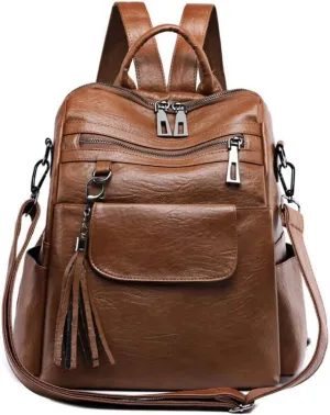 women Ladies PU Backpack Commuter Tassel Dual-use Travel Computer Backpacks (Brown)