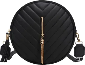 Women Messenger Bag Fashion Trend Round Bag Retro Tassel Purse Shoulder Bags Soft Brief Cases Men (Black, One Size)