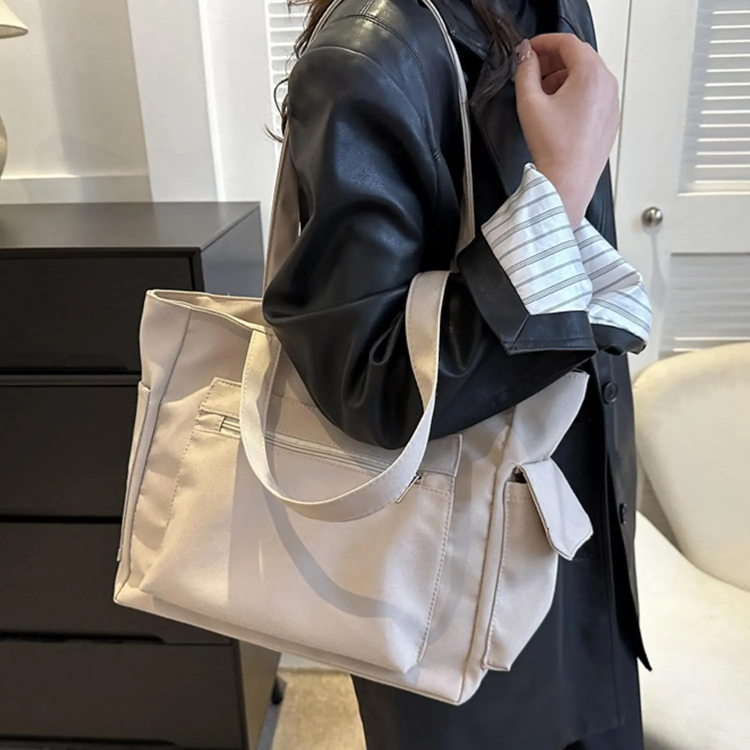 Women Shoulder Bags Fashion New Pattern Simple Solid Color Large Capacity Casual Practical Zipper Bag (Khaki, One Size)