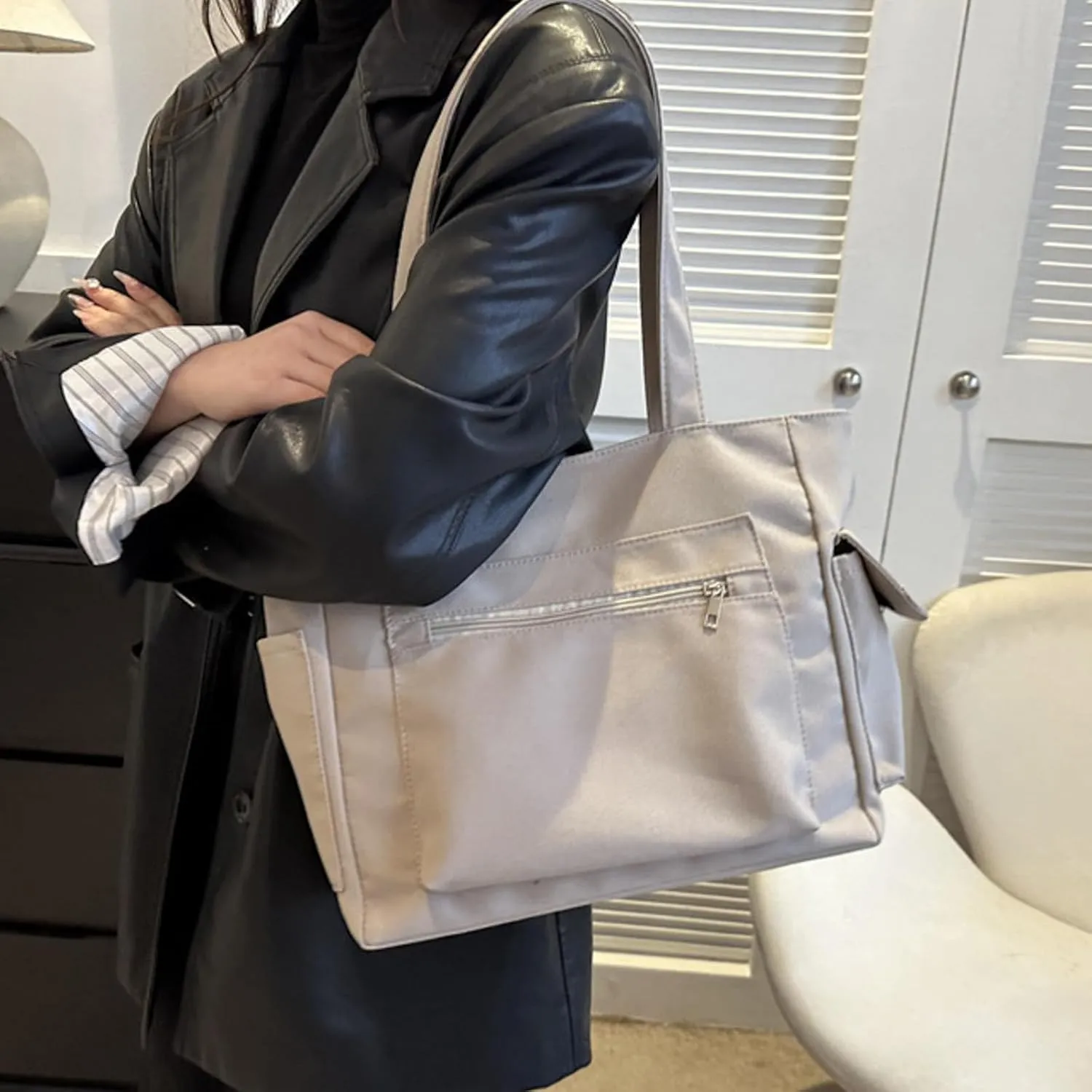 Women Shoulder Bags Fashion New Pattern Simple Solid Color Large Capacity Casual Practical Zipper Bag (Khaki, One Size)